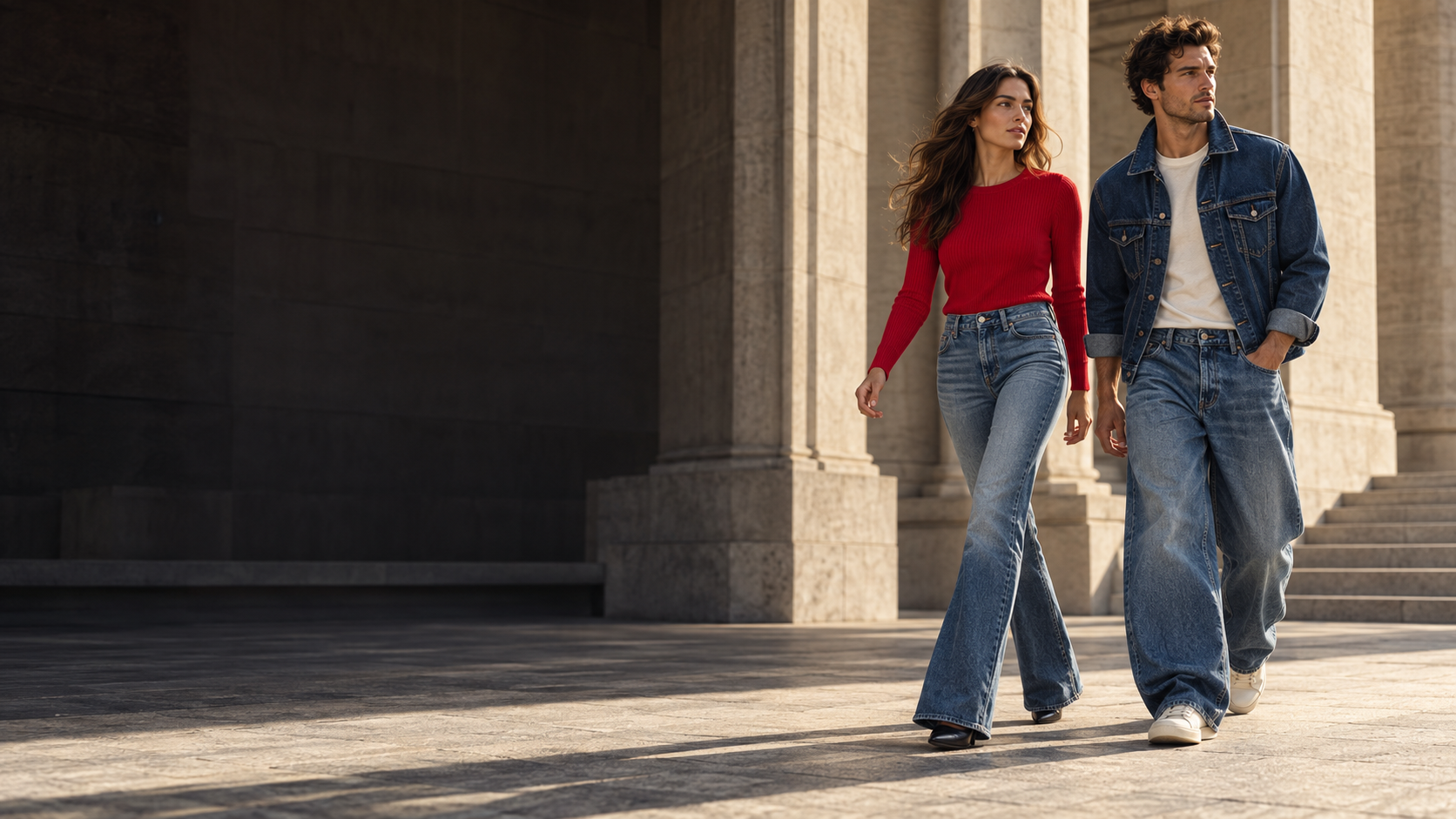 Models wearing vintage-inspired denim and a vibrant red knit
